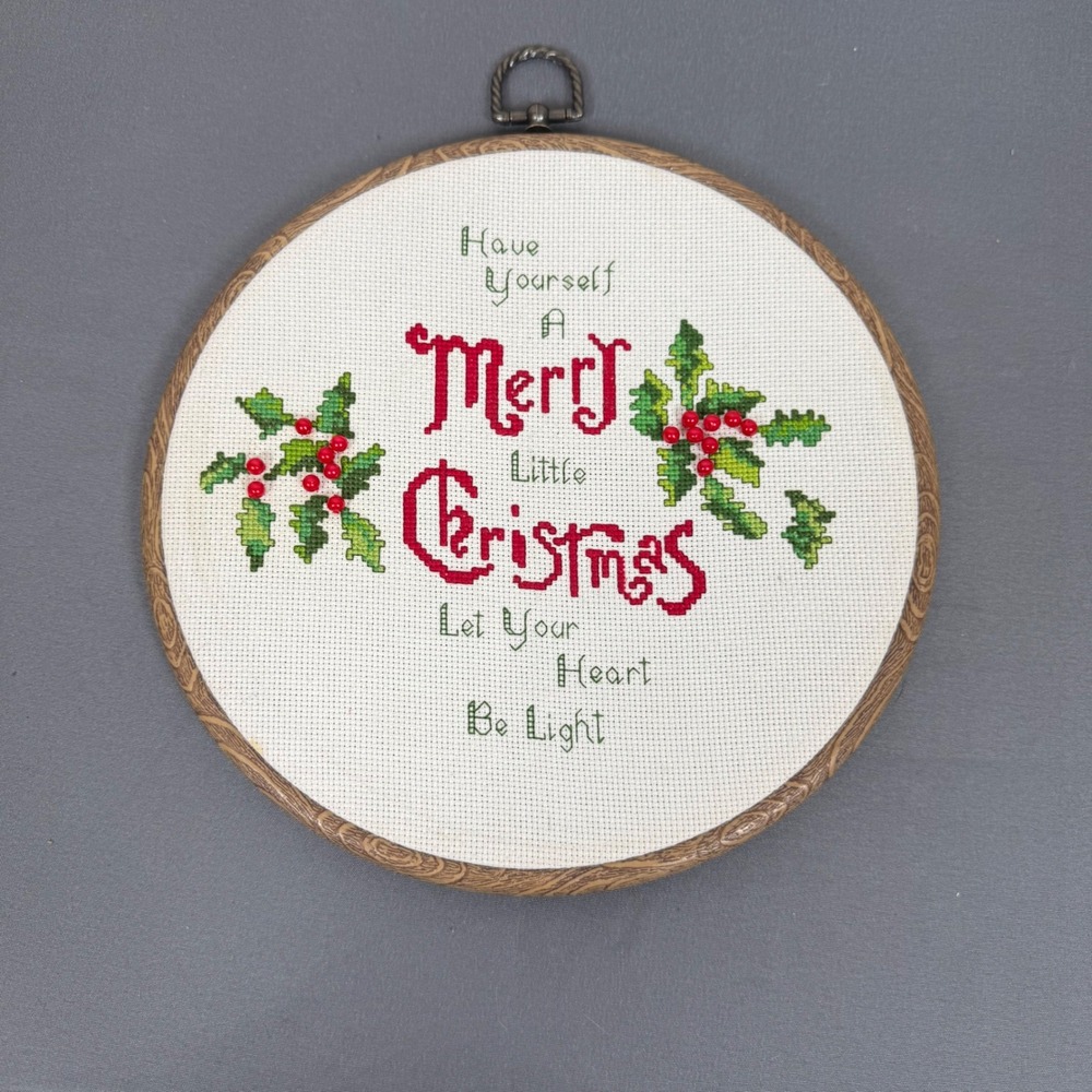 Handmade‎ Cross Stitch Hoop Art Merry Christmas Holly Red Berries Wall Decor